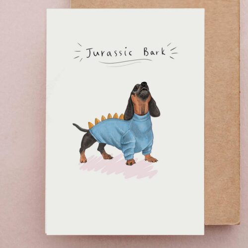 Jurassic Bark Greetings card | Funny Dachshund | Sausage Dog